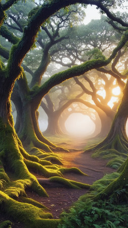 Foggy forest at sunrise in the morning. Fantasy forest.の素材