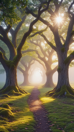 Beautiful fantasy landscape of old oak trees in the fog at sunriseの素材
