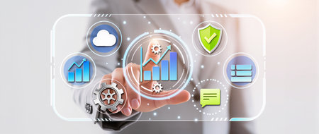 Businessman on blurred background using digital interface with icons 3D renderingの素材