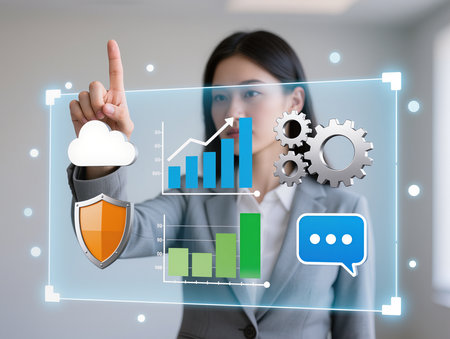 Businesswoman touching virtual screen with cloud computing icons. Business concept.の素材