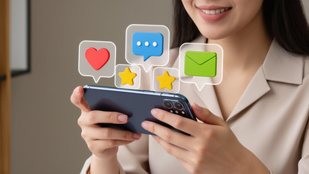 Woman using smartphone with social media icons on screen, closeup viewの素材