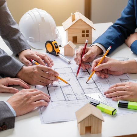 Architect and engineer working on blueprint at office, Construction concept.の素材