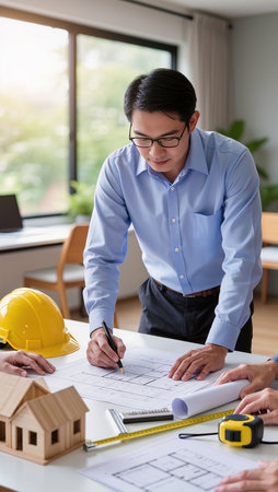 Architect working on blueprint at office. Engineer and architect concept.の素材