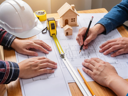 Architect and engineer working on blueprint at office, construction concept.の素材