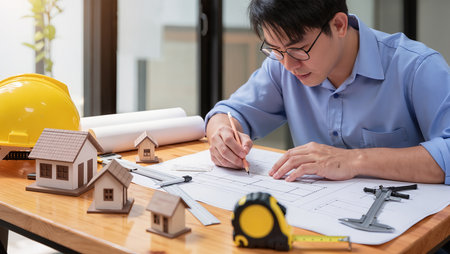 engineer working with blueprints and house model on desk at officeの素材