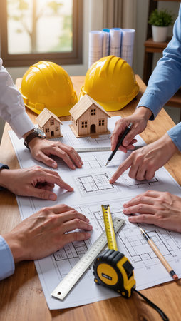 Architect and engineer working on blueprint at office desk, Construction concept.の素材