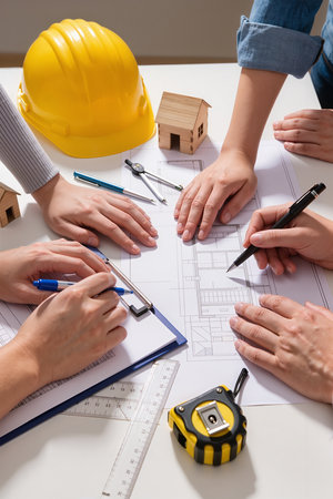 Close-up of hands of architects and engineers working on architectural projectの素材