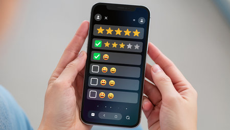 Woman using a smartphone with customer reviews concept on screen 3D renderingの素材