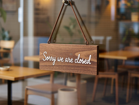 Wooden signboard with the text Sorry we are closed in cafeの素材