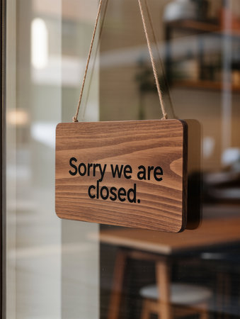 \Wooden signboard with text \"\"Sorry we are closed\"\" hanging on the glass door\""の素材