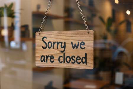 \Wooden sign with text \"\" sorry we are closed\"\" hanging on the door of a cafe\""の素材