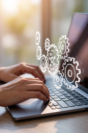 Close up of woman hands typing on laptop keyboard with gear icons on screenの素材