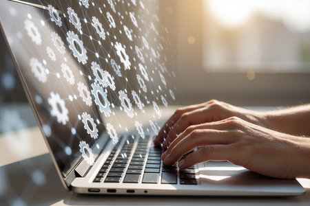 Close up of male hands typing on laptop keyboard. Technology concept. Double exposureの素材