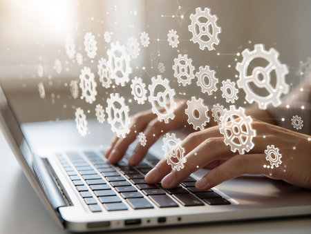 Close up of businesswoman hands typing on laptop keyboard with gear mechanismの素材