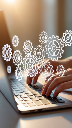 Close up of woman hands typing on laptop keyboard. Cogwheel gear mechanism concept.の素材