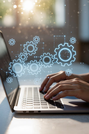 businessman hand working on laptop computer with gear wheel diagram on screenの素材