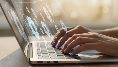 Businessman working on laptop, closeup of hands typing on keyboardの素材