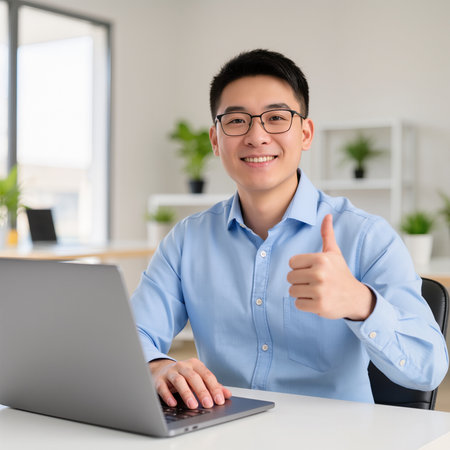 Portrait of a smiling young asian businessman sitting at his desk with laptop and showing thumbs upの素材