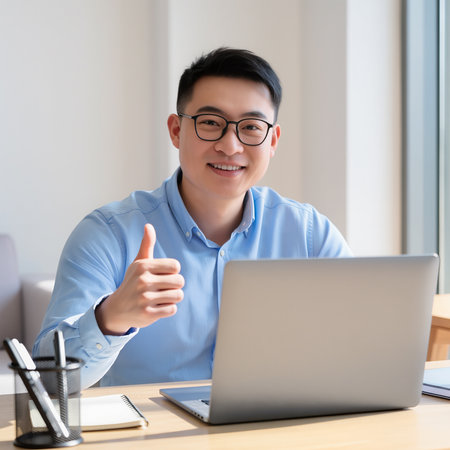 Happy young asian businessman working on laptop computer and showing thumbs up in officeの素材