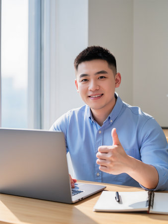 young asian business man working with laptop computer and showing thumbs upの素材