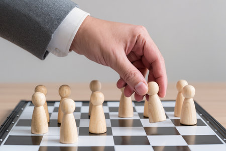 Businessman hand moving wooden chess pieces on chessboard, leadership conceptの素材