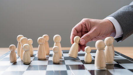 Businessman's hand holding a pawn in front of a chess boardの素材