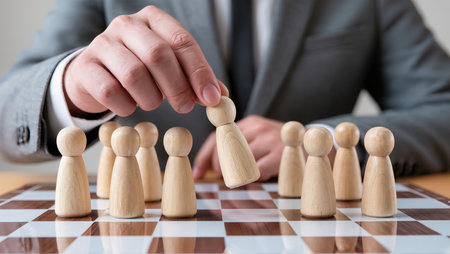 Businessman's hand moves a wooden figure on a chessboard.の素材