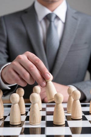 Businessman playing chess with white pawns on chessboard, leadership conceptの素材