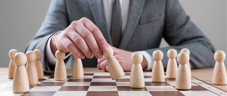 Businessman moving wooden chess figure in front of chessboard, closeupの素材