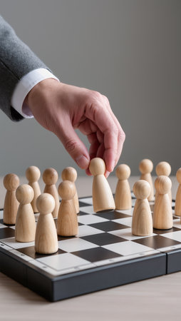 Businessman moving chess board with wooden figures on it, closeupの素材