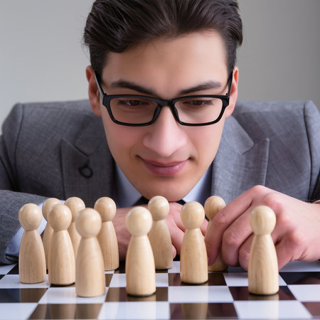 Businessman playing chess with wooden figures. Success and leadership concept.の素材