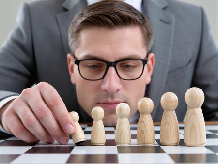 Conceptual image of business people. Businessman is playing chess.の素材