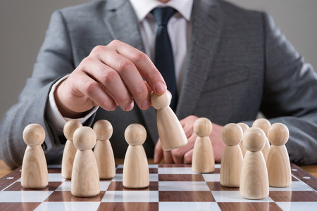Wooden figures of business people on a chess board. Business leadership conceptの素材