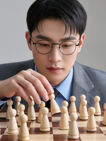 Asian business man playing chess, closeup portrait on gray background.の素材