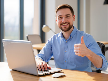 Portrait of a smiling young businessman working on laptop computer at officeの素材