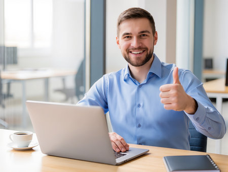 Portrait of a happy young businessman working with laptop computer in officeの素材
