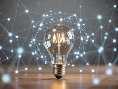 Glowing light bulb on wooden surface and dark background with network concept. 3D Renderingの素材