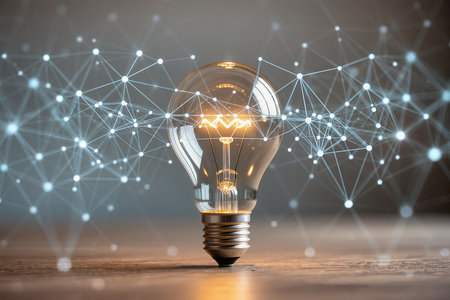 Glowing light bulb on wooden table with network connection concept. 3D renderingの素材