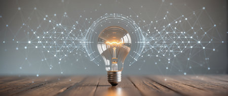 Conceptual image with lightbulb on wooden surface 3D renderingの素材