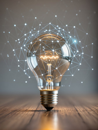 Glowing light bulb on wooden table with network connection concept. 3D Renderingの素材