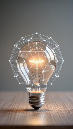 Glowing light bulb with polygonal network on wooden table against grey backgroundの素材