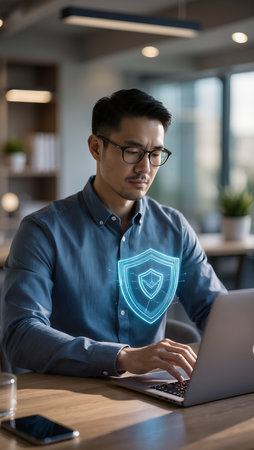 asian man using laptop with shield icon on screen at office deskの素材