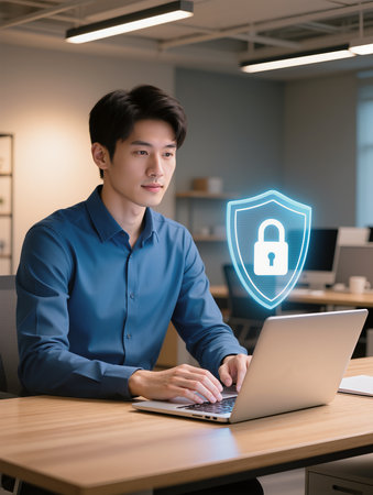 asian man using laptop computer with padlock icon on screen in officeの素材
