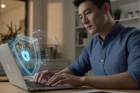 Man working on laptop computer at night in office and shield icon hologramの素材