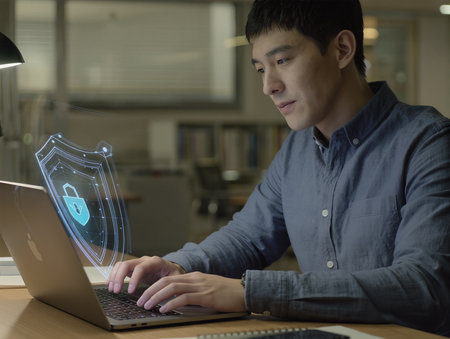 Cyber security, Data protection, information safety and encryption. Businessman using laptop computer with padlock icon on screen.の素材