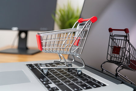 Shopping cart on laptop keyboard. Online shopping and e-commerce conceptの素材