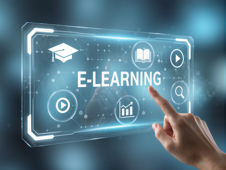 E-learning, Online education concept on virtual screen. Internet and technology concept.の素材