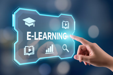 E-learning concept on virtual screen with bokeh background.の素材