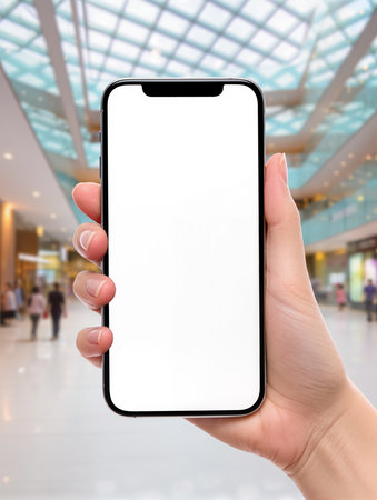 female hand holding smartphone with isolated screen over blur shopping mall background, mock upの素材