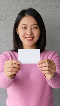 Young asian woman holding a blank business card with copy space.の素材